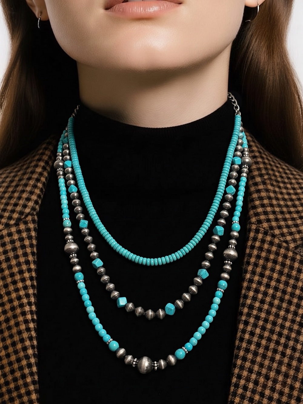 NWT 3 Layered Western Navajo Pearl & Turquoise Stone Necklace